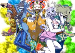 Rule 34 | 2girls, 3boys, ;d, amu (doubutsu sentai zyuohger), arms up, blue jacket, blue pants, breasts, brown footwear, claws, commentary request, cropped jacket, doubutsu sentai zyuohger, floral print, fox mask, fur jacket, grey eyes, hairband, high heels, highres, index finger raised, jacket, kiwa (pokemonwars), kyuemon izayoi, leo (doubutsu sentai zyuohger), long sleeves, looking at viewer, mask, medium breasts, multicolored background, multiple boys, multiple girls, one eye closed, open clothes, open jacket, open mouth, pants, pink hairband, pink shorts, profile, puffy shorts, ribbon, ribbon-trimmed sleeves, ribbon trim, sera (doubutsu sentai zyuohger), sharp teeth, shoes, shorts, shuriken sentai ninninger, slit pupils, small breasts, smile, super sentai, tail, tassel, teeth, tusk (doubutsu sentai zyuohger), whiskers, white jacket, white ribbon, wide sleeves