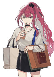 Rule 34 | 1girl, absurdres, bag, black skirt, choker, contemporary, cup, ddukbaegihunt, disposable cup, baobhan sith (fate), fate/grand order, fate (series), grey eyes, highres, long hair, nail polish, pink hair, pink nails, ponytail, shopping bag, skirt, starbucks, sweater, white background
