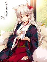 Rule 34 | 1girl, 2017, absurdres, alternate costume, animal ears, artist name, blush, bottle, dated, floral print, flower, flower knight girl, fox ears, hair flower, hair ornament, hakama, hakama skirt, higanbana (flower knight girl), highres, hip vent, japanese clothes, kimono, kitsune, kotoyoro, kyuubi, long hair, long sleeves, looking at viewer, monety, multiple tails, nail polish, new year, oni, red eyes, sake bottle, seigaiha, signature, silver hair, skirt, smile, solo, spider lily, spider lily print, tail, tokkuri, translation request, wide sleeves