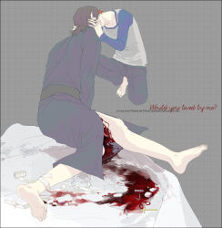 Rule 34 | 2boys, abstract, bandages, barefoot, bleeding, blood, blood on clothes, blood on ground, blood on leg, bloody bandages, brown hair, cross, emiya shirou, english text, fate/stay night, fate (series), feet, from behind, guro, hands on another&#039;s face, injury, japanese clothes, kimono, kiss, kotomine kirei, latin text, male focus, multiple boys, mzet, orange hair, pale skin, pool of blood, raglan sleeves, scissors, short hair, squatting, syringe, yaoi, yukata
