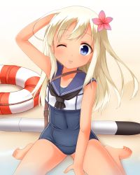 Rule 34 | 10s, 1girl, ;p, arm behind head, bare legs, bare shoulders, barefoot, blonde hair, blue eyes, covered navel, crop top, faubynet, flower, hair flower, hair ornament, highres, kantai collection, lifebuoy, long hair, looking at viewer, neckerchief, one eye closed, ro-500 (kancolle), sailor collar, school uniform, sitting, solo, swim ring, tan, tanline, tongue, tongue out, torpedo, wariza