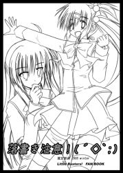 Rule 34 | 0 0, 2girls, :d, akane souichi, bow, bowtie, closed mouth, dress, finger to mouth, greyscale, kurugaya yuiko, little busters!, long sleeves, monochrome, multiple girls, open mouth, outstretched arm, saigusa haruka, simple background, smile, standing, thighhighs, white background, zettai ryouiki