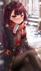 Rule 34 | 1girl, absurdres, black coat, black pantyhose, blunt bangs, blush, braid, brown skirt, closed mouth, coat, crossed legs, enpera, girls&#039; frontline, gloves, hair ribbon, highres, honyang, long hair, long sleeves, looking at viewer, miniskirt, necktie, official alternate costume, open clothes, open coat, outdoors, pantyhose, plaid, plaid skirt, pleated skirt, print scarf, red eyes, red hair, red necktie, red ribbon, red scarf, ribbon, scarf, short necktie, sitting, skirt, snow, solo, very long hair, wa2000 (date in the snow) (girls&#039; frontline), wa2000 (girls&#039; frontline), white gloves, winter