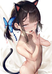 Rule 34 | 1girl, animal ears, ass, black hair, blue eyes, butterfly hair ornament, cat ears, cat tail, fake animal ears, flat chest, hair ornament, highres, leotard, looking at viewer, low twintails, milk, one eye closed, open mouth, original, own hands together, pouring, see-through, shiny skin, sidelocks, solo, tail, twintails, waymay, wet, white background