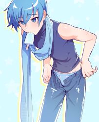 Rule 34 | 1boy, bare shoulders, bent over, blue background, blue eyes, blue hair, blue male underwear, blush, briefs, clothes pull, commentary, cropped legs, denim, food, food in mouth, highres, jeans, kaito (vocaloid), looking up, male focus, male underwear, midriff peek, nifffi, pants, popsicle, pulling, pulling off legwear, scarf, star (symbol), tank top, underwear, vocaloid