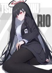 Rule 34 | 1girl, black footwear, black hair, black jacket, black pantyhose, black skirt, blue archive, breasts, bright pupils, character name, commentary, feet out of frame, from side, grey background, hair behind ear, hair ornament, hairclip, halo, hand on own thigh, highres, id card, jacket, large breasts, light blush, long hair, long sleeves, looking at viewer, looking to the side, miniskirt, open clothes, open jacket, pantyhose, pleated skirt, red eyes, rio (blue archive), shoes, sitting, skirt, solo, sweater, thigh strap, turtleneck, turtleneck sweater, two-tone background, very long hair, watch, white background, white pupils, white sweater, wristwatch, xfate, yokozuwari