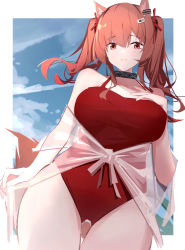 Rule 34 | 1girl, absurdres, angelina (arknights), angelina (summer flower) (arknights), animal ears, arknights, black collar, border, breasts, brown hair, casual one-piece swimsuit, chichi guai, collar, cowboy shot, fox ears, fox girl, fox tail, hair between eyes, hair ribbon, highres, infection monitor (arknights), large breasts, long hair, looking at viewer, official alternate costume, one-piece swimsuit, red eyes, red ribbon, red one-piece swimsuit, ribbon, sarong, solo, swimsuit, tail, thigh gap, thighs, twintails, white border, white sarong