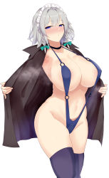 Rule 34 | 1girl, absurdres, armpits, blue eyes, blue one-piece swimsuit, blue slingshot swimsuit, blue thighhighs, blush, braid, breasts, choker, covered erect nipples, hair ribbon, highres, huge breasts, izayoi sakuya, jacket, looking at viewer, maid headdress, navel, o-ring, o-ring swimsuit, one-piece swimsuit, open clothes, open jacket, ribbon, short hair, silver hair, simple background, sinkai, slingshot swimsuit, solo, swimsuit, thighhighs, touhou, twin braids, white background