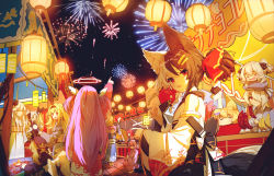 Rule 34 | :o, ahoge, alice mana, alice mana channel, animal ear fluff, animal ears, black bow, black hair, bow, candy apple, drink, fireworks, fish, food, goldfish, hair between eyes, hair bow, hair ornament, hands up, highres, holding, holding drink, holding food, japanese clothes, kimono, long hair, looking at viewer, looking back, multicolored hair, multiple girls, one eye covered, open mouth, parted lips, pink hair, red bow, red eyes, red kimono, short hair, summer festival, virtual youtuber, white hair, wide sleeves, yorurui sansan, yukata