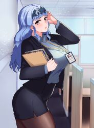 Rule 34 | 1girl, absurdres, adjusting hair, alternate costume, blue hair, breasts, brown hair, ceroccb, collared shirt, contemporary, fire emblem, fire emblem: three houses, fire emblem warriors: three hopes, folder, hairband, highres, holding, holding folder, large breasts, long hair, looking at viewer, marianne von edmund, name tag, nintendo, office, office lady, official alternate hairstyle, pantyhose, parted lips, pencil skirt, shirt, skirt, solo