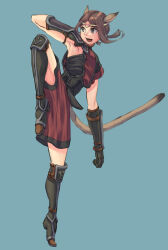 Rule 34 | 1girl, :d, animal ears, arm guards, adventurer (ff11), black gloves, breasts, brown hair, brown tail, cactus41747280, cat ears, cat girl, cat tail, circlet, elbow gloves, final fantasy, final fantasy xi, gloves, grey eyes, highres, leg up, light blue background, medium breasts, mithra (ff11), monk (final fantasy), open mouth, parted bangs, pink pupils, short hair, short twintails, smile, solo, tail, teeth, tiptoes, twintails