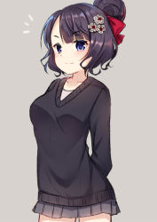 Rule 34 | 1girl, arms behind back, black sweater, blush, bow, breasts, closed mouth, collarbone, commentary request, cowboy shot, fate/grand order, fate (series), grey background, grey skirt, hair bow, hair bun, hair ornament, head tilt, highres, katsushika hokusai (fate), ko yu, looking at viewer, medium breasts, miniskirt, pleated skirt, purple eyes, purple hair, red bow, simple background, single hair bun, skirt, smile, solo, sweater