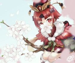 Rule 34 | 1girl, benienma (fate), branch, commentary request, fate/grand order, fate (series), feathered cape, flower, geta, hat, japanese clothes, kimono, looking at viewer, parted bangs, petals, red eyes, red hair, red kimono, short kimono, signature, sitting, sitting on branch, solo, srm343, tabi, twitter username