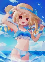 Rule 34 | 1girl, :d, bikini, bird, blonde hair, blue bikini, blue sky, cloud, commentary, day, fang, flandre scarlet, frilled bikini, frills, hat, highres, looking at viewer, navel, nene man, ocean, open mouth, outdoors, red eyes, seagull, sky, smile, solo, straw hat, swimsuit, touhou, wading, water, water drop, wings, wrist cuffs