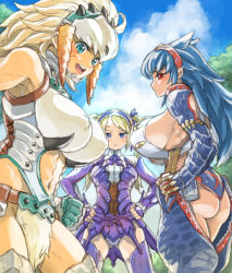 Rule 34 | 3girls, :&lt;, aqua eyes, armor, armpits, ass, bare shoulders, barioth (armor), belt, blonde hair, blue eyes, blue hair, blue sky, bnahabra (armor), breast envy, breasts, capcom, cleavage, cloud, covered erect nipples, fingerless gloves, forest, gloves, green eyes, hairband, hands on own hips, happy, hip focus, huge breasts, large breasts, legs, lingerie, long hair, looking at viewer, midriff, mimonel, monster hunter (series), multiple girls, muscular, nargacuga (armor), nature, navel, no bra, open mouth, panties, red eyes, serious, shiny skin, sideboob, sky, smile, striped clothes, striped panties, sweatdrop, teeth, thighhighs, thong, tongue, tree, underwear, white hair