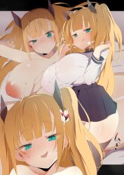 Rule 34 | 1girl, :d, :p, aqua eyes, black thighhighs, blonde hair, blunt bangs, blush, breasts, furau, highres, large breasts, long hair, looking at viewer, nipples, open mouth, original, pleated skirt, skirt, smile, sweat, thighhighs, tongue, tongue out, two side up