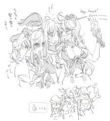 Rule 34 | 10s, 6+girls, bare shoulders, belt, bismarck (kancolle), blush, breasts, capelet, cellphone, choker, cleavage, cleavage cutout, clothing cutout, collar, fingerless gloves, glasses, gloves, graf zeppelin (kancolle), greyscale, hair between eyes, hairband, hat, unworn hat, hattori masahiko, headgear, unworn headwear, iowa (kancolle), iphone, kantai collection, long hair, long sleeves, military, military hat, monochrome, multiple girls, musashi (kancolle), peaked cap, phone, pince-nez, ponytail, roma (kancolle), selfie, short hair, sleeveless, smartphone, smile, spiked hair, star-shaped pupils, star (symbol), sweatdrop, symbol-shaped pupils, thumbs up, translated, twintails, two side up, v, wavy hair, yamato (kancolle)