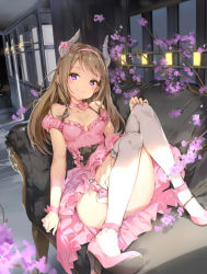 Rule 34 | 1girl, anmi, bare shoulders, blonde hair, bow, breasts, cherry blossoms, choker, cleavage, commentary request, convenient leg, couch, demon horns, detached sleeves, dress, frilled dress, frills, full body, headband, high heels, horn bow, horn ornament, horn ribbon, horns, knees together feet apart, long hair, looking at viewer, md5 mismatch, medium breasts, on couch, original, petals, pink bow, pink dress, pink footwear, pink ribbon, puffy detached sleeves, puffy sleeves, purple eyes, resolution mismatch, ribbon, ribbon choker, shoes, sitting, smile, solo, source smaller, thighhighs, white thighhighs