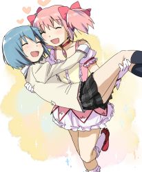 Rule 34 | 10s, 2girls, :d, ^ ^, bad id, bad pixiv id, blue hair, bobby socks, bow, carrying, closed eyes, gloves, hair bow, heart, kaname madoka, magical girl, mahou shoujo madoka magica, mahou shoujo madoka magica (anime), miki sayaka, multiple girls, open mouth, pink hair, princess carry, school uniform, short hair, short twintails, smile, socks, soul gem, take it home, twintails, yoplait, yuri