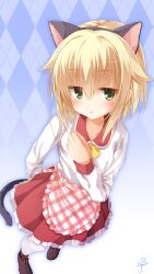 Rule 34 | 1girl, :&lt;, animal ears, apron, arm behind back, blonde hair, blush, bow, bowtie, breasts, cat ears, cat tail, chaamii, eyebrows hidden by hair, fake animal ears, frilled skirt, frills, from above, full body, gradient background, green eyes, hair between eyes, highres, jacket, kariya wakana, long sleeves, looking at viewer, maid, pantyhose, red apron, red skirt, sanoba witch, shoes, short hair, sidelocks, skirt, small breasts, sneakers, solo, tail, waitress, watermark, white jacket, white pantyhose, yellow bow, yellow bowtie, yuzu-soft