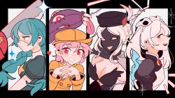 Rule 34 | 4girls, absurdres, annie (skullgirls), black border, black dahlia, bloody marie (skullgirls), blush, border, braid, braided bun, breasts, brooch, cleavage, elbow gloves, fire, from side, fur hat, gloves, green hair, hair bun, hair ornament, hat, heart, highres, hungern (skullgirls), interlocked fingers, jewelry, juliet sleeves, long sleeves, looking at viewer, mask, multiple girls, multiple views, open mouth, pink eyes, pink hair, pow3776, puffy sleeves, raincoat, red eyes, skull hair ornament, skullgirls, smile, sparkle, sword, tongue, tongue out, twin braids, twintails, umbrella (skullgirls), upper body, weapon, white hair, yellow eyes
