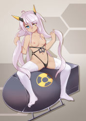Rule 34 | 1girl, ahoge, azur lane, black gloves, black panties, blue eyes, blush, bomb, breasts, closed mouth, commentary request, dark-skinned female, dark skin, explosive, expressionless, eyes visible through hair, facepaint, fat man (nuclear bomb), full body, gloves, hair between eyes, hand in own hair, hazard symbol, heart, heart ahoge, heterochromia, highres, horns, indianapolis (azur lane), long hair, looking at viewer, mechanical horns, medium breasts, navel, nipples, no shoes, nuclear weapon, panties, pink hair, pussy, pussy peek, radiation symbol, sitting, solo, the hermit, thighhighs, twintails, underwear, very long hair, weapon of mass destruction, white thighhighs, yellow eyes
