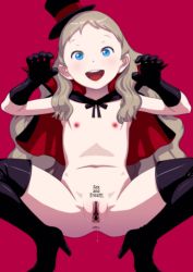 Rule 34 | !, !!, 1girl, black gloves, blonde hair, blue eyes, cape, clitoris, costume, english text, female focus, flat chest, gloves, halloween, hat, highres, looking at viewer, navel, open mouth, original, shiny skin, simple background, solo, squatting, takatou sora