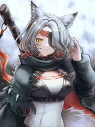 Rule 34 | 1girl, 3 (sanyako1), animal ears, arknights, black cape, breasts, cape, eyepatch, grey background, hair over one eye, hand up, highres, long sleeves, looking at viewer, one eye covered, quartz (arknights), red cape, shirt, short hair, small breasts, smile, solo, tail, two-sided cape, two-sided fabric, upper body, weapon, weapon on back, white shirt, wolf ears, wolf girl, wolf tail, yellow eyes