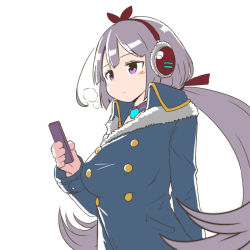 Rule 34 | 1girl, arm behind back, blush, breasts, coat, copyright request, earmuffs, expressionless, gloves, hair ribbon, holding, long hair, long sleeves, purple eyes, purple hair, ribbon, simple background, solo, tsurime, twintails, white background, zaxwu