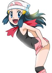 Rule 34 | 1girl, armpits, ass, beanie, blue eyes, blue hair, breasts, creatures (company), dawn (pokemon), game freak, hainchu, hair ornament, hat, highres, long hair, looking at viewer, nintendo, open mouth, pokemon, pokemon dppt, simple background, skirt, small breasts, smile, solo, undressing, white background