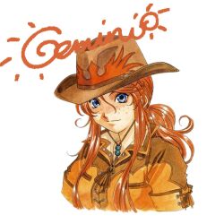 Rule 34 | 1girl, beads, blue eyes, breast pocket, brown collar, brown sleeves, character name, chin, collar, collarbone, cowboy hat, cowboy western, cursive, drawing (object), english text, freckles, gemini sunrise, hair between eyes, hat, highres, long hair, looking at viewer, matsubara hidenori, nose, official art, parted lips, pocket, ponytail, red hair, sakura taisen, sakura taisen v, sidelocks, signature, simple background, solo, solo focus, sun, third-party source, traditional media, wavy hair, white background