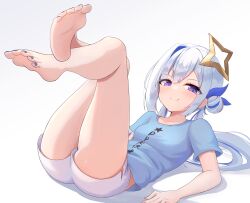 Rule 34 | 1girl, amane kanata, ass, bare legs, barefoot, blue nails, blue ribbon, blue shirt, blush, breasts, closed mouth, collarbone, commentary, english commentary, eyelashes, feet, gradient background, grey background, grey hair, hair bun, hair ribbon, halo, highres, hololive, legs, legs up, long hair, lying, multicolored hair, nail polish, on back, pink hair, purple eyes, ribbon, shirt, short shorts, shorts, sidelocks, single hair intake, single side bun, small breasts, smile, solo, star halo, streaked hair, t-shirt, telomere, thighs, toenail polish, toenails, toes, virtual youtuber, white background, white shorts