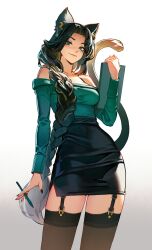 Rule 34 | 1girl, animal ears, bare shoulders, black thighhighs, braid, braided ponytail, breasts, cat ears, cat tail, dethmaid, garter straps, green eyes, highres, large breasts, long hair, looking at viewer, original, pencil skirt, skirt, solo, tail, thighhighs, very long hair, white background