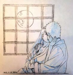 Rule 34 | 1boy, 1girl, 2016, blush, breasts, cleavage, couple, dated, closed eyes, facial mark, full moon, hand on another&#039;s face, hetero, highres, hime cut, hyuuga hinata, indoors, japanese clothes, kimono, kiss, monochrome, moon, naruto, naruto (series), sekibeing, sketch, sky, spiked hair, traditional media, uzumaki naruto, whisker markings, whiskers, window