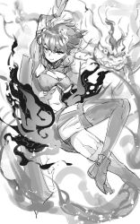 Rule 34 | 1girl, alice (sinoalice), black eyes, black footwear, black hair, black thighhighs, boots, breasts, closed mouth, flaming sword, flaming weapon, greyscale, hair between eyes, headband, holding, holding sword, holding weapon, looking at viewer, monochrome, navel, short hair, simple background, sinoalice, sketch, solo, sword, teroru, thighhighs, v-shaped eyebrows, weapon, white background