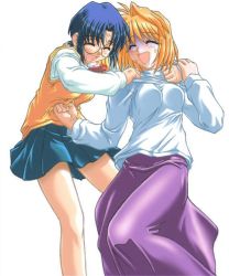 Rule 34 | 00s, 2girls, anger vein, arcueid brunestud, artist request, blonde hair, blue hair, breasts, ciel (tsukihime), glasses, multiple girls, open mouth, punching, school uniform, shaded face, short hair, skirt, smile, source request, stomach punch, tsukihime
