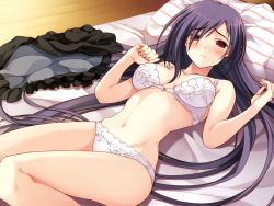 Rule 34 | 1girl, amakura, bare legs, bed, blush, bra, breasts, brown eyes, game cg, hair over one eye, lingerie, long hair, looking at viewer, lying, mikage (toppara), navel, non-web source, on back, panties, pillow, purple hair, red eyes, stomach, toppara, underwear, underwear only, very long hair, white panties