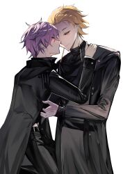 Rule 34 | 2boys, absurdres, belt, black belt, black coat, black pants, blonde hair, chinese commentary, closed eyes, closed mouth, coat, commentary request, earrings, hand on another&#039;s shoulder, highres, jewelry, kiss, kissing cheek, kneeling, long sleeves, male focus, multiple boys, pants, purple hair, rumeld othmayer, saibou shinkyoku, short hair, simple background, smile, theodore riddle, white background, yaoi, yellow eyes, yitilianliu