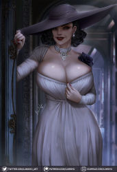 Rule 34 | 1girl, alcina dimitrescu, black hair, breasts, cleavage, commentary, curly hair, dress, earrings, flower, hat, highres, huge breasts, jewelry, large hat, luminyu, nail polish, necklace, red nails, resident evil, resident evil village, short hair, smile, solo, twitter logo, white dress