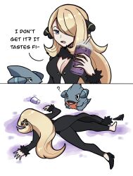 Rule 34 | 1girl, 2koma, ?, blonde hair, breasts, cleavage, comic, creatures (company), cup, cynthia (pokemon), disposable cup, drink, english text, face down, fur collar, fur trim, game freak, gen 4 pokemon, gible, grey eyes, grimace shake (meme), hair ornament, hair over one eye, highres, holding, holding cup, holding drink, large breasts, long hair, lying, mcdonald&#039;s, meme, nintendo, on stomach, open mouth, pokemon, pokemon (creature), pokemon dppt, shoes, single shoe, spill, stain, touyarokii