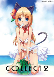 Rule 34 | 1girl, animal ears, beach, bikini, blonde hair, blue eyes, blue sky, blush, breasts, breasts squeezed together, cat ears, cat tail, cloud, commentary request, flower, food, food in mouth, fruit, full body, hair flower, hair ornament, hibiscus, kawagoe pochi, kneeling, large breasts, long hair, looking at viewer, mismatched bikini, mouth hold, navel, open mouth, outdoors, popsicle, ragnarok online, red bikini, red flower, shiny skin, side-tie bikini bottom, skirt, sky, solo, swimsuit, tail, wanderer (ragnarok online), watermelon, white bikini