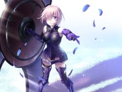 Rule 34 | 1girl, armor, armored boots, armored leotard, black gloves, black leotard, black thighhighs, boots, breasts, breasts apart, elbow gloves, fate/grand order, fate (series), faulds, gloves, grass, gyoza (pi512126), hair over one eye, highres, leotard, looking up, mash kyrielight, medium breasts, outstretched arm, parted lips, petals, pink hair, purple eyes, purple footwear, purple gloves, short hair, solo, standing, sunlight, thigh boots, thigh strap, thighhighs, two-tone gloves