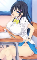 Rule 34 | 1girl, arm support, bare legs, black hair, black socks, blue eyes, blue skirt, blush, bow, breast rest, breasts, breasts on table, buttons, chair, clothes lift, desk, ear piercing, earrings, eraser, hair ornament, hairclip, head rest, jewelry, kneehighs, large breasts, legs, lifting own clothes, long hair, looking at viewer, no panties, original, pencil, piercing, school desk, school uniform, shirt, short sleeves, sitting, skirt, skirt lift, smile, socks, solo, white shirt, window, yahiro (anhnw), yellow bow