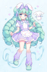 Rule 34 | 1girl, :o, animal ears, animal slippers, apron, blue background, blue eyes, blush, bow, breasts, commentary request, commission, frilled apron, frilled skirt, frills, green footwear, green hair, hair bow, heart, highres, izuminanase, kneehighs, long hair, looking at viewer, loose socks, miruku (cutesuu), original, parted lips, pleated skirt, puffy short sleeves, puffy sleeves, purple bow, purple skirt, purple socks, rabbit ears, shirt, short sleeves, simple background, skeb commission, skirt, slippers, small breasts, socks, solo, suspender skirt, suspenders, very long hair, waist apron, white apron, white shirt, wrist cuffs