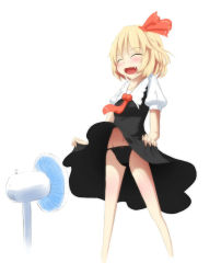 Rule 34 | 1girl, ascot, bad id, bad pixiv id, black dress, black panties, blonde hair, blush, body blush, bow, bow panties, closed eyes, clothes lift, commentary request, dress, dress lift, electric fan, fang, fanning crotch, fanning self, groin, hair ornament, hair ribbon, hana (0458251551), happy, highres, navel, open mouth, panties, panties day, red ribbon, ribbon, rumia, short hair, simple background, sketch, smile, solo, standing, sweat, touhou, underwear, white background