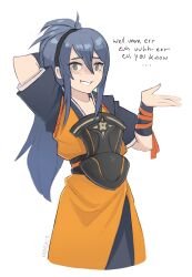 Rule 34 | ..., 1girl, arm behind head, armor, artist name, black hairband, black kimono, blue hair, brown eyes, english text, fire emblem, fire emblem fates, hair between eyes, hairband, highres, japanese clothes, kaphrin, kimono, long hair, looking at viewer, nintendo, oboro (fire emblem), ponytail, smile, solo, white background