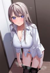 Rule 34 | 1girl, black pantyhose, blue eyes, blue panties, blush, breasts, chigusa minori, cleavage, closed mouth, clothes pull, collared shirt, commentary, commentary request, corrupted twitter file, highres, indoors, large breasts, long hair, long sleeves, looking at viewer, panties, pantyhose, pantyhose pull, partially unbuttoned, saotome shino (shino to ren), shino to ren, shirt, silver hair, solo, thighs, underwear, white shirt, wooden floor