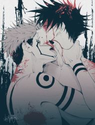 Rule 34 | 2boys, arm tattoo, back tattoo, black hair, black nails, bleeding, blood, blood in hair, blood on face, closed eyes, collarbone, commentary, english commentary, facial tattoo, fingernails, forehead tattoo, fushiguro megumi, hand on another&#039;s neck, highres, jujutsu kaisen, licking, licking another&#039;s neck, multiple boys, nail polish, open mouth, ryoumen sukuna (jujutsu kaisen), saucybrtt, sharp fingernails, short hair, shoulder tattoo, spiked hair, tattoo, teeth, tongue, tongue out, topless male, undercut, yaoi