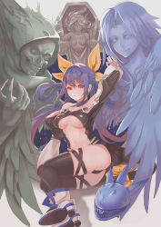 Rule 34 | 1girl, asymmetrical wings, bare shoulders, blue hair, blush, bow, breasts, choker, dizzy (guilty gear), guilty gear, guilty gear x, guilty gear xx, hair bow, hair ribbon, long hair, navel, necro (guilty gear), open clothes, open shirt, red eyes, ribbon, shirt, solo, tail, tail ornament, tail ribbon, tetsu (aurvandil), thighhighs, twintails, underboob, undine (guilty gear), wings