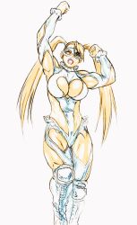 Rule 34 | 1girl, bare shoulders, blonde hair, blue eyes, boots, breasts, cleavage, female focus, large breasts, long hair, muscular, muscular female, rainbow mika, shoulder cutout, simple background, smile, solo, street fighter, street fighter v, temenniguru, twintails, white background, wrestling outfit
